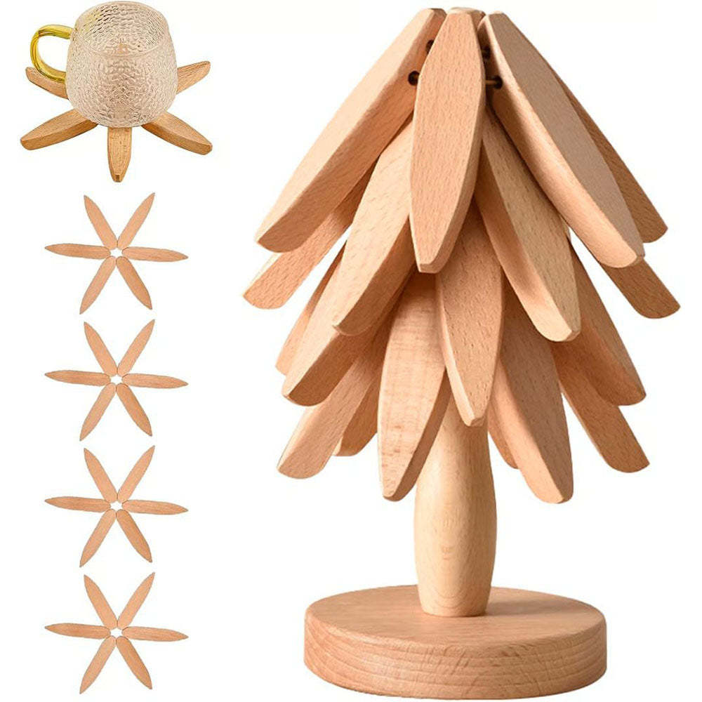 Natural Tree Trivet Set - 4 Wooden Trivets & 1 Stand Like a Christmas Tree