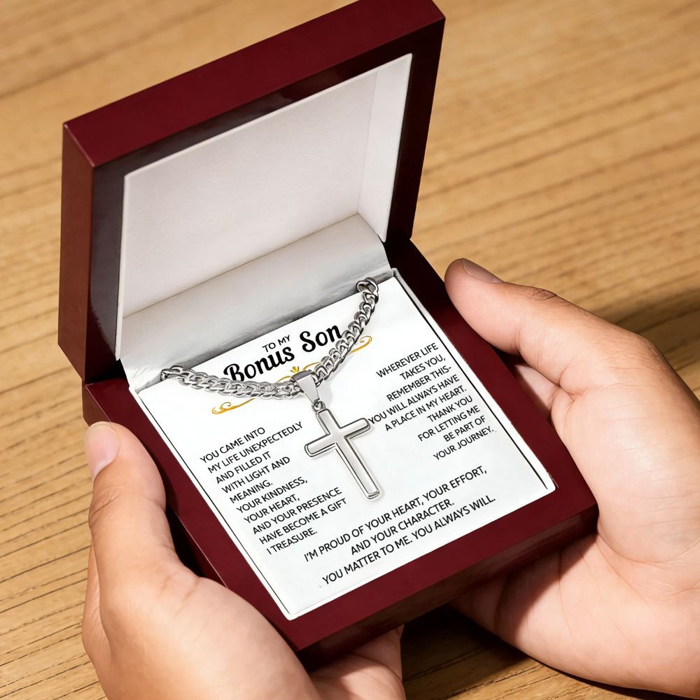 To My Bonus Son - "My Family Forever" Artisan Cross Cuban Link Chain Gift Set