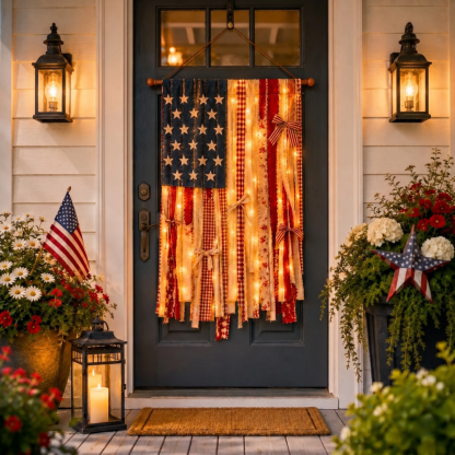 Lighted Rustic American Flag Hanging Banner