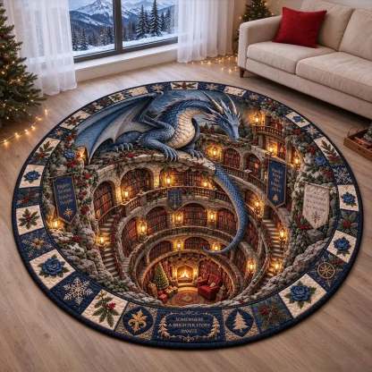 A round area rug featuring a detailed fantasy illustration of a blue dragon soaring over a grand library with warm glowing bookshelves, shown on a light wood floor in a cozy living room setting.