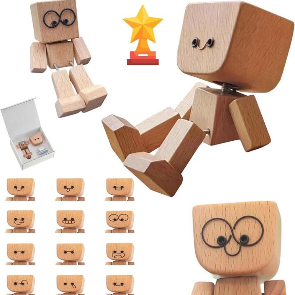 Charming Little Wooden Figure That Sways with 12PCS Magnetic Expressions