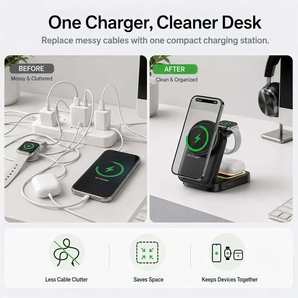 A promotional comparison graphic for a compact wireless charging station. The top text reads 'One Charger, Cleaner Desk.