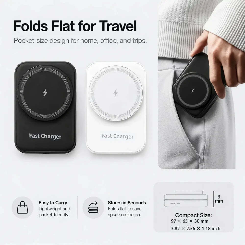 Mojue foldable wireless charging pad shown in black and white, with a lifestyle inset of a hand placing the black version into a pocket. Text highlights travel-friendly pocket size, fast charging, compact dimensions 94 x 70 x 33 mm, and features like easy carry and quick storage.