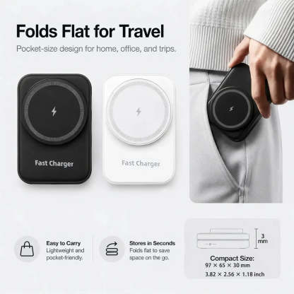Mojue foldable wireless charging pad shown in black and white, with a lifestyle inset of a hand placing the black version into a pocket. Text highlights travel-friendly pocket size, fast charging, compact dimensions 94 x 70 x 33 mm, and features like easy carry and quick storage.