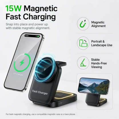 A 15W magnetic fast charging wireless charger shown with a smartphone placed on its charging pad. The graphic includes feature callouts: magnetic alignment, portrait and landscape use, and stable hands-free viewing.