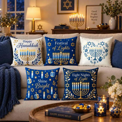 Decorative Hanukkah pillow covers with a traditional menorah illustration