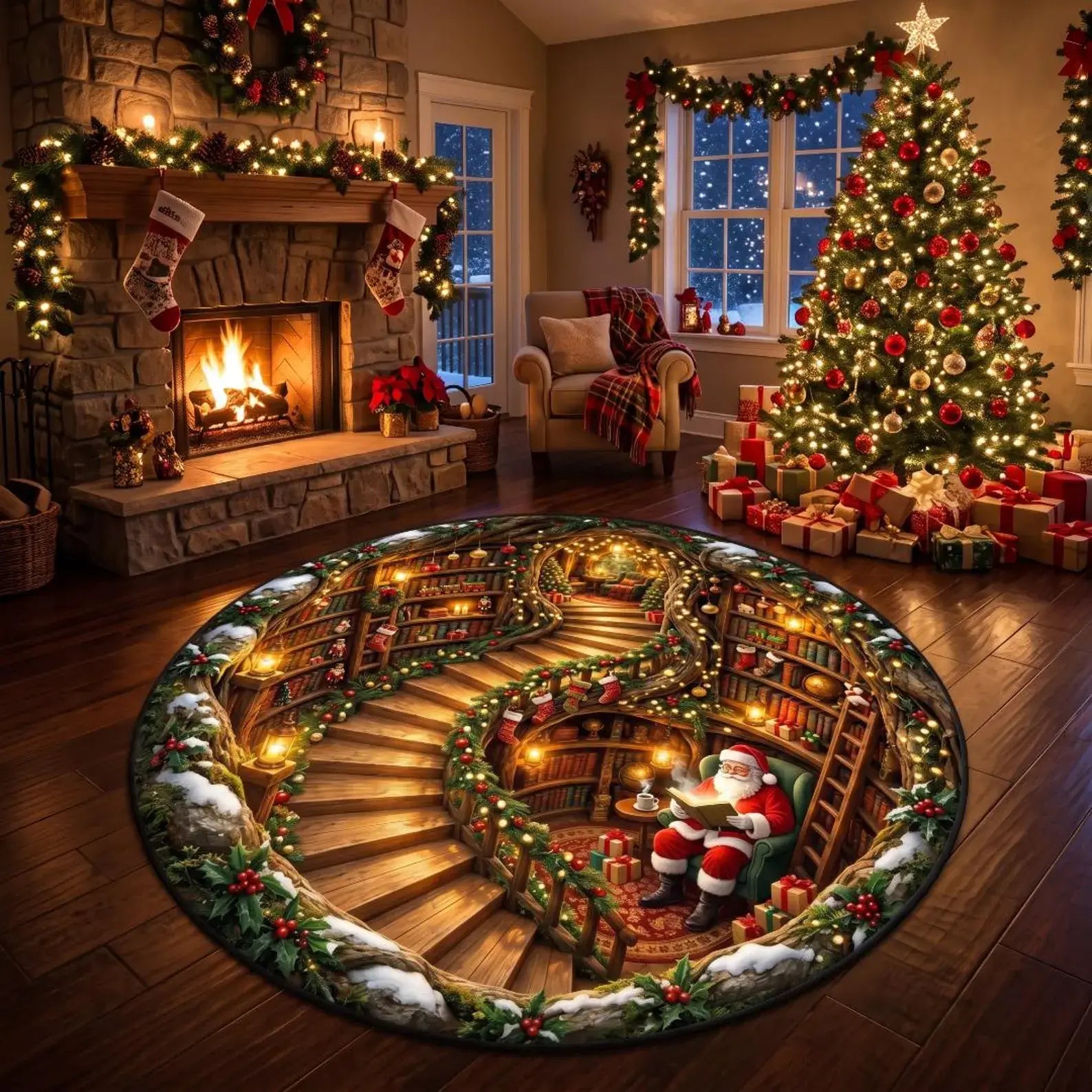 A round Christmas-themed area rug featuring a detailed 3D-style illustration of Santa Claus sitting in a library chair on a spiral staircase, surrounded by bookshelves, greenery, and snow. The rug is displayed on a dark wood floor in a beautifully decorated living room with a lit fireplace, stockings, and a glowing Christmas tree.