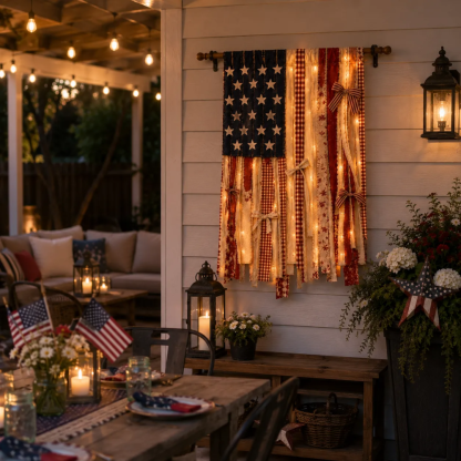 Lighted Rustic American Flag Hanging Banner