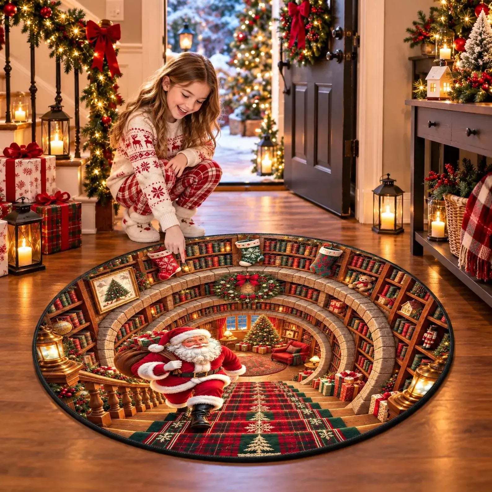 A woman in a cozy Christmas sweater and pants kneels beside a large round area rug in a decorated holiday home. The rug features a detailed printed scene of Santa Claus in a grand library with bookshelves, stockings, gifts, and a red plaid staircase.