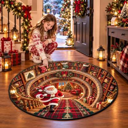 A woman in a cozy Christmas sweater and pants kneels beside a large round area rug in a decorated holiday home. The rug features a detailed printed scene of Santa Claus in a grand library with bookshelves, stockings, gifts, and a red plaid staircase.