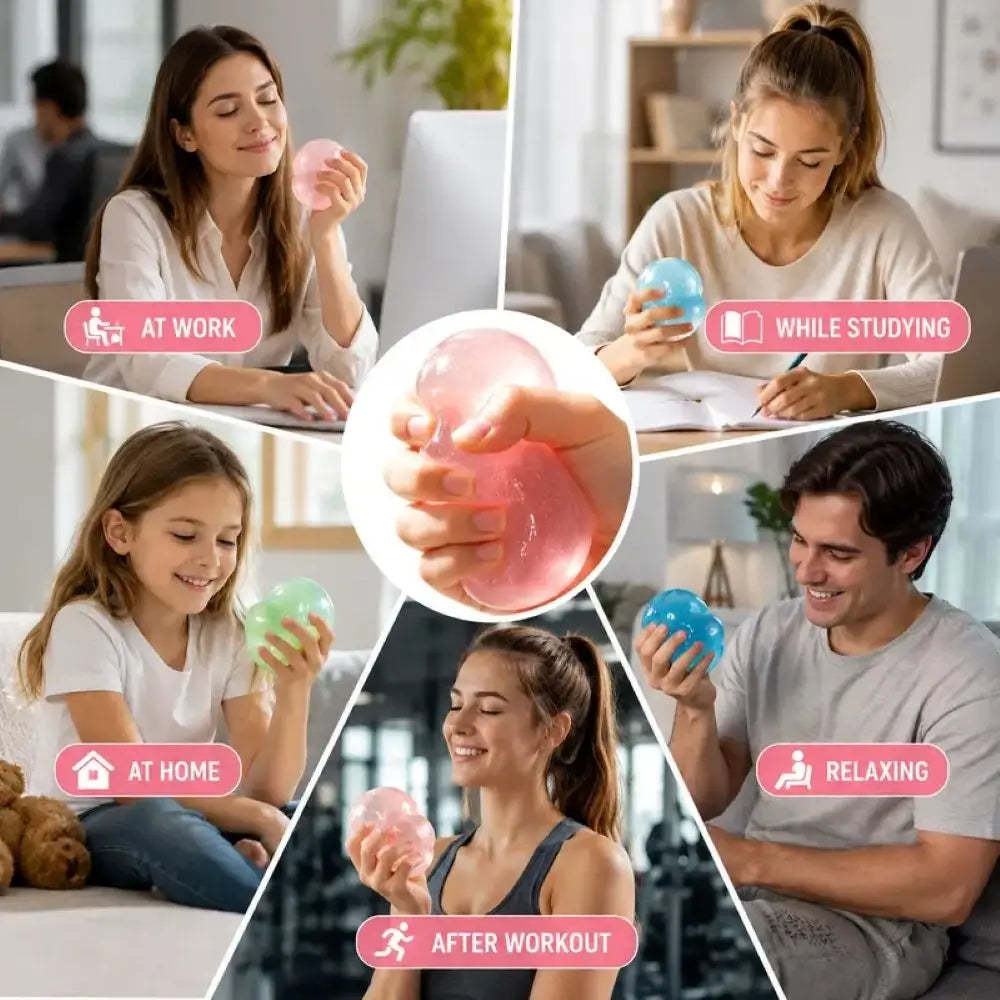 A collage showing a person holding and squeezing a translucent pink stress ball in five lifestyle scenes: at work, while studying, at home, relaxing, and after workout. A central close-up shows hands squeezing the pink ball.