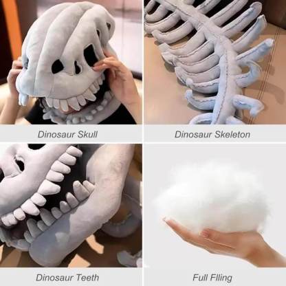 Collage of dinosaur skull, skeleton, and teeth plush toys with labels in Spanish.