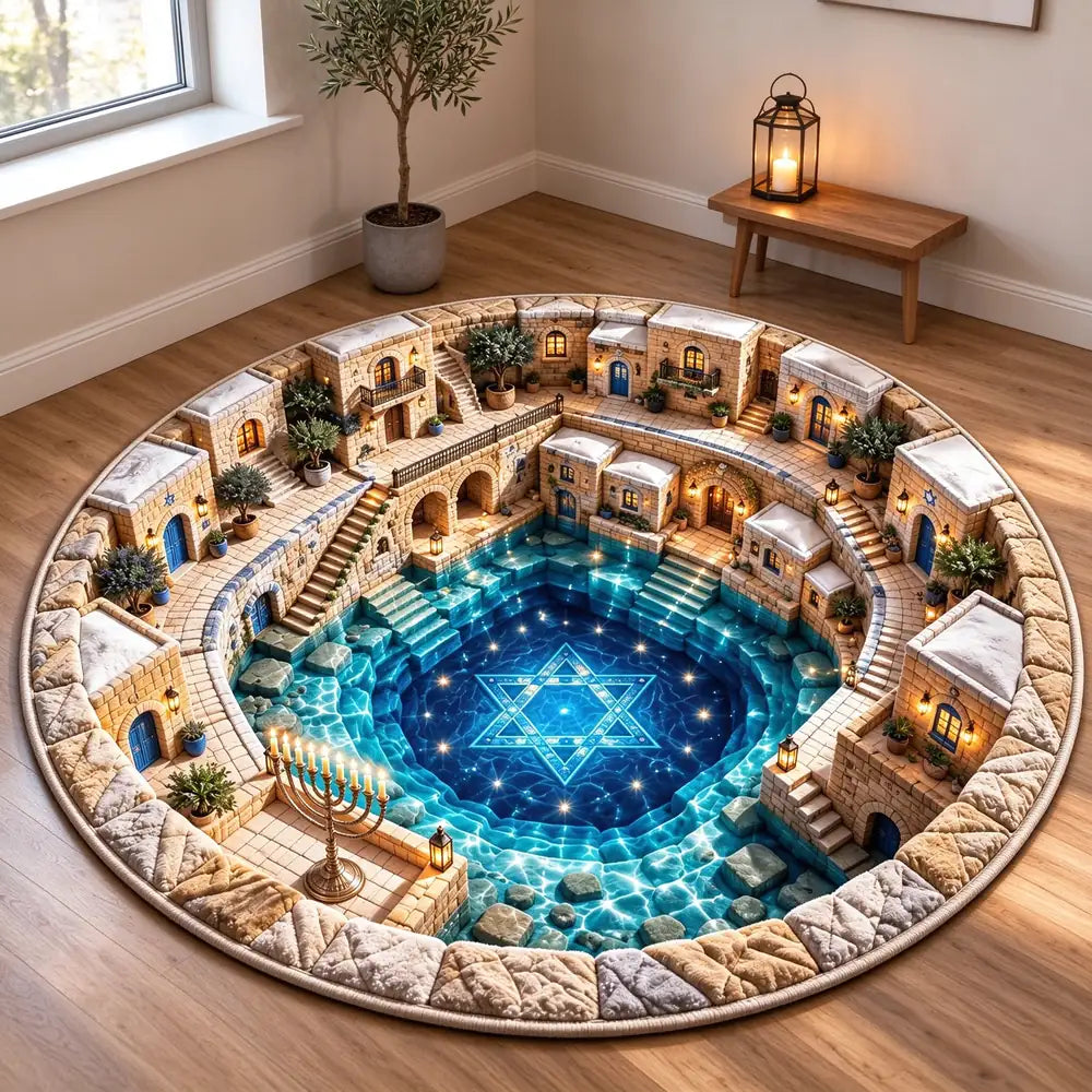 A large round area rug featuring a detailed architectural scene of a stone courtyard with a glowing blue pool and Star of David, displayed on a wooden floor in a styled room.