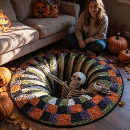The Grave Escape - 3D Illusion Skeleton Round Rug - Candy Corn Abyss