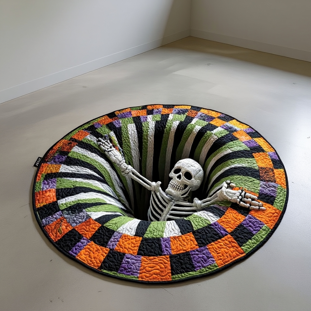The Grave Escape - 3D Illusion Skeleton Round Rug - Candy Corn Abyss