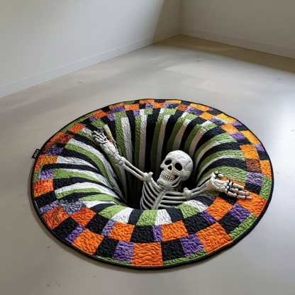 The Grave Escape - 3D Illusion Skeleton Round Rug - Candy Corn Abyss
