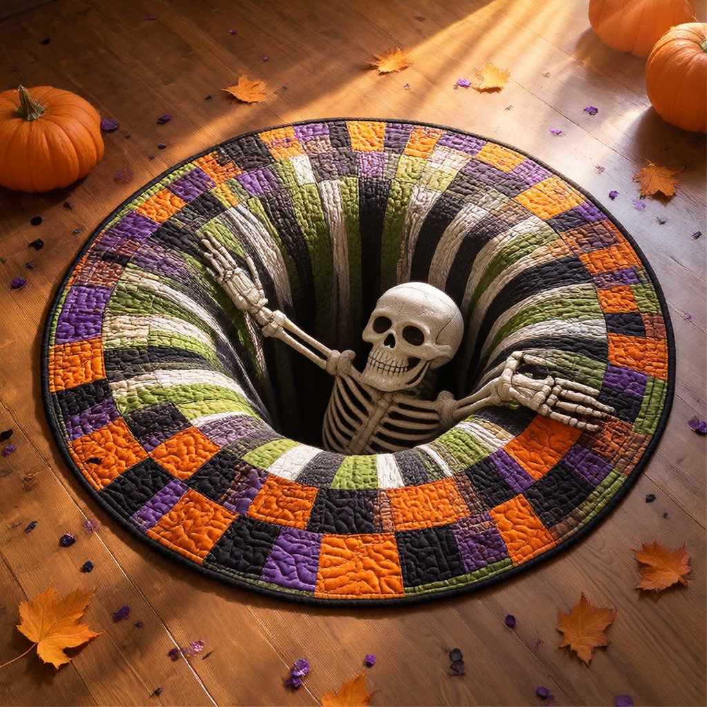 The Grave Escape - 3D Illusion Skeleton Round Rug - Candy Corn Abyss