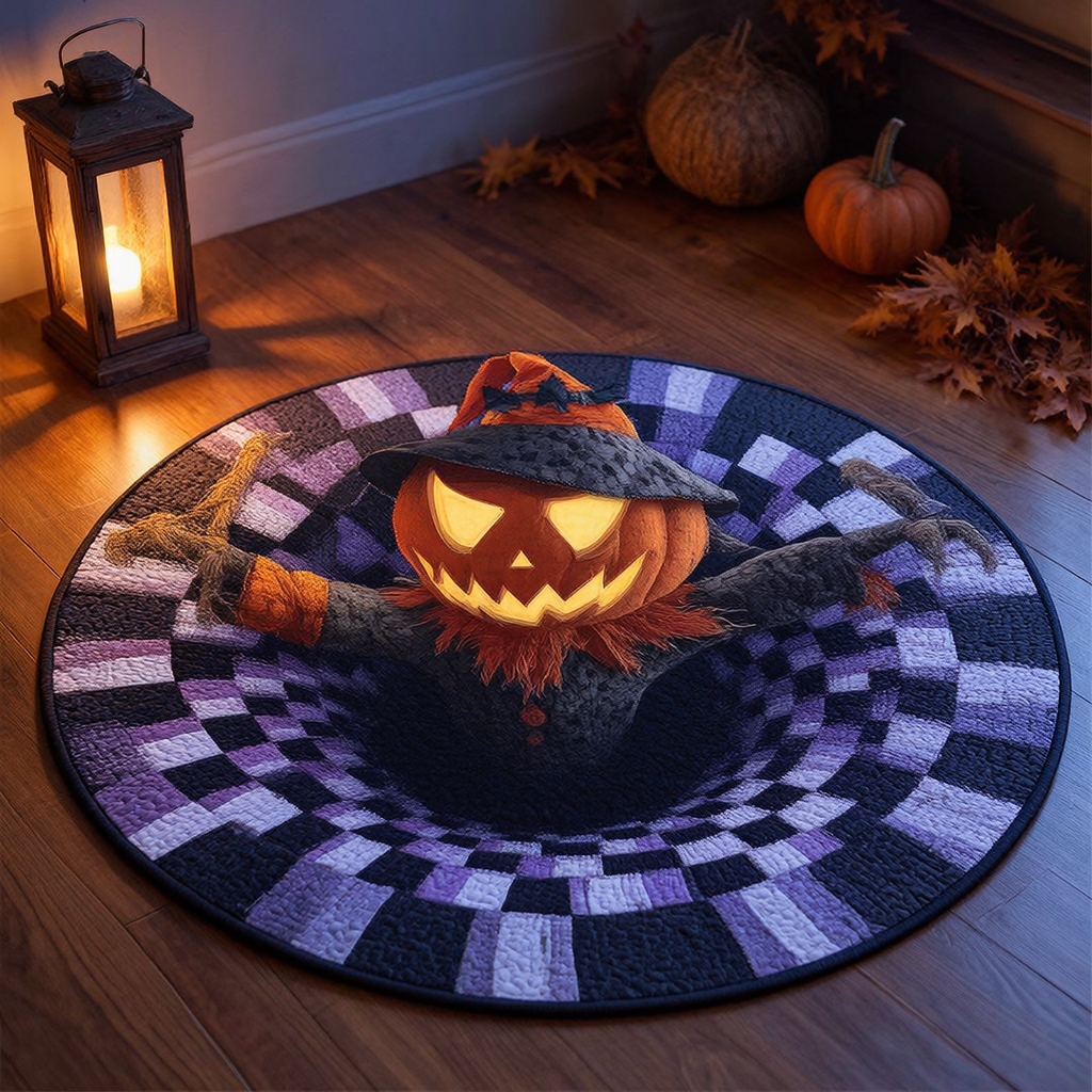 The Grave Escape - 3D Illusion Skeleton Round Rug - Pumpkin Scarecrow