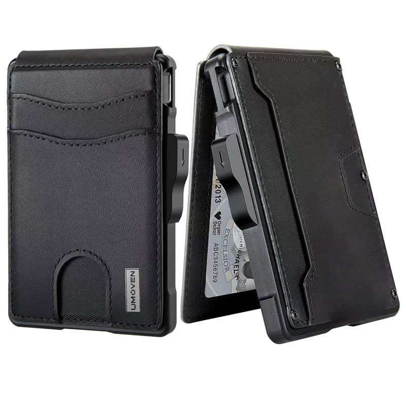 Men’s Slim Leather Wallet With Pop-Up Aluminum Card Case & Money Clip