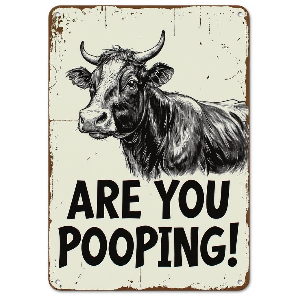 Vintage Cow Metal Sign – Funny"Are You Pooping?" Wall Decor - BW019
