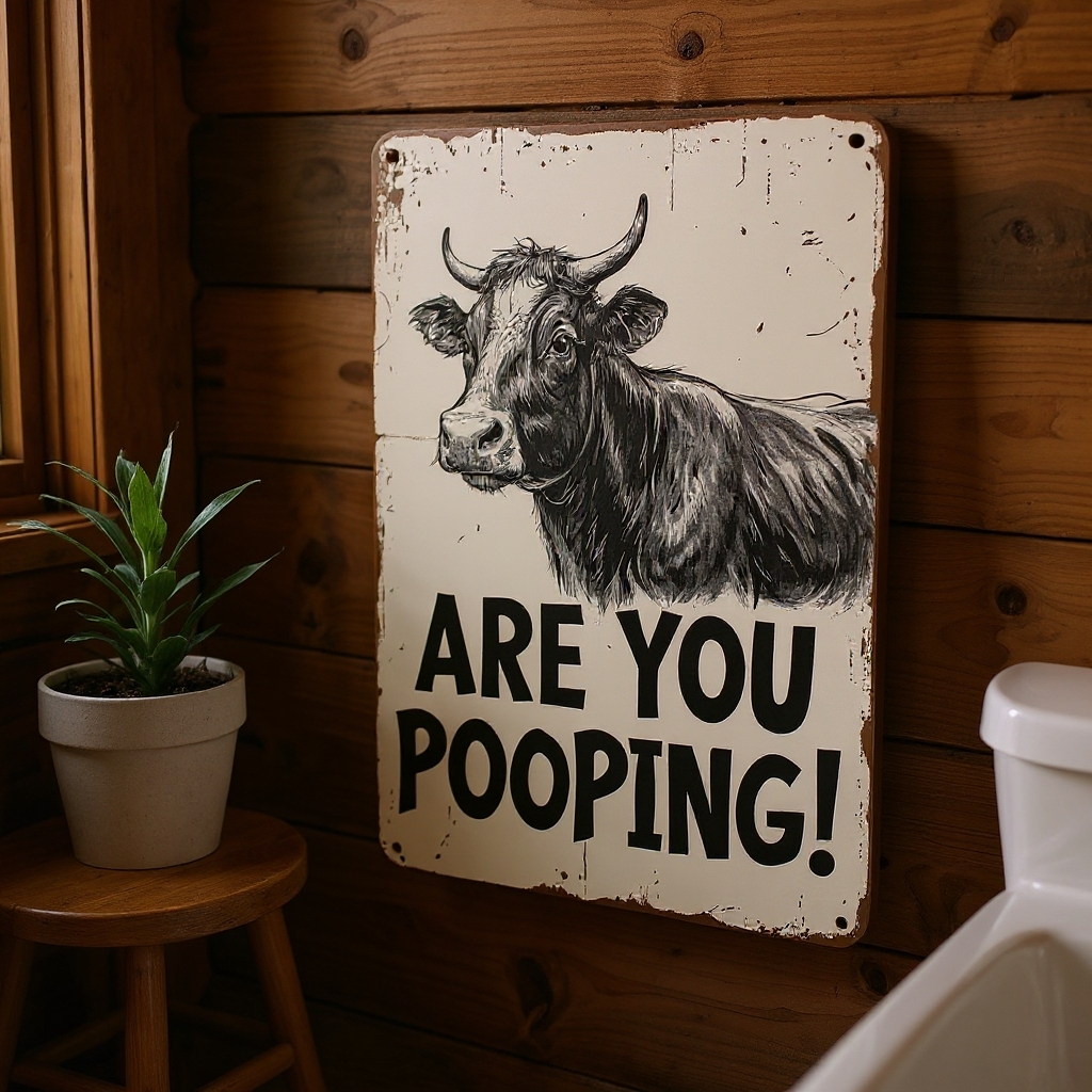 Vintage Cow Metal Sign – Funny"Are You Pooping?" Wall Decor - BW019