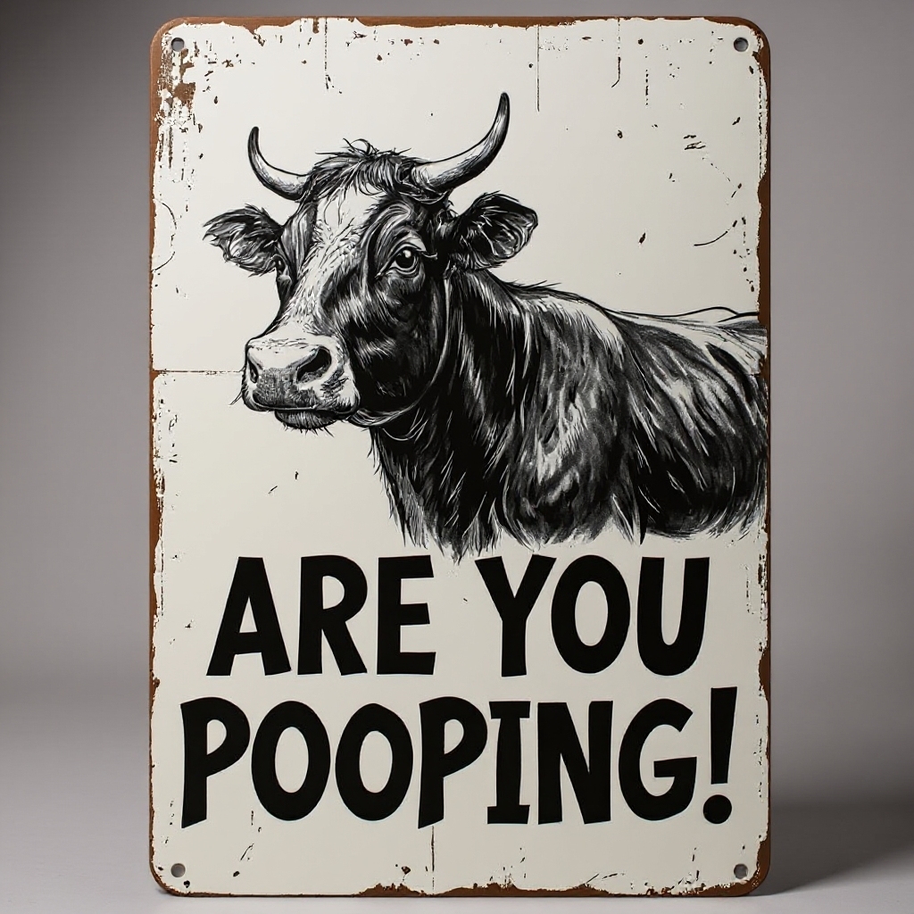 Vintage Cow Metal Sign – Funny"Are You Pooping?" Wall Decor - BW019