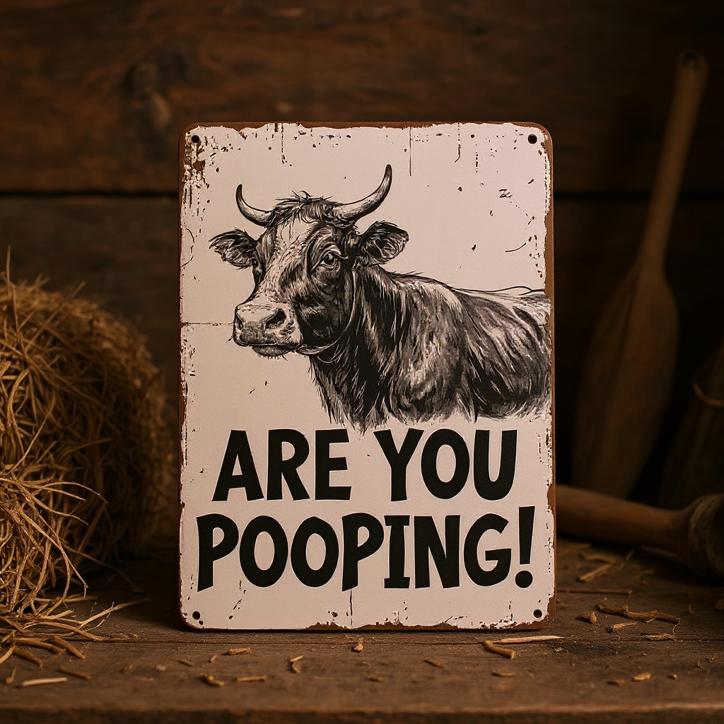 Vintage Cow Metal Sign – Funny"Are You Pooping?" Wall Decor - BW019