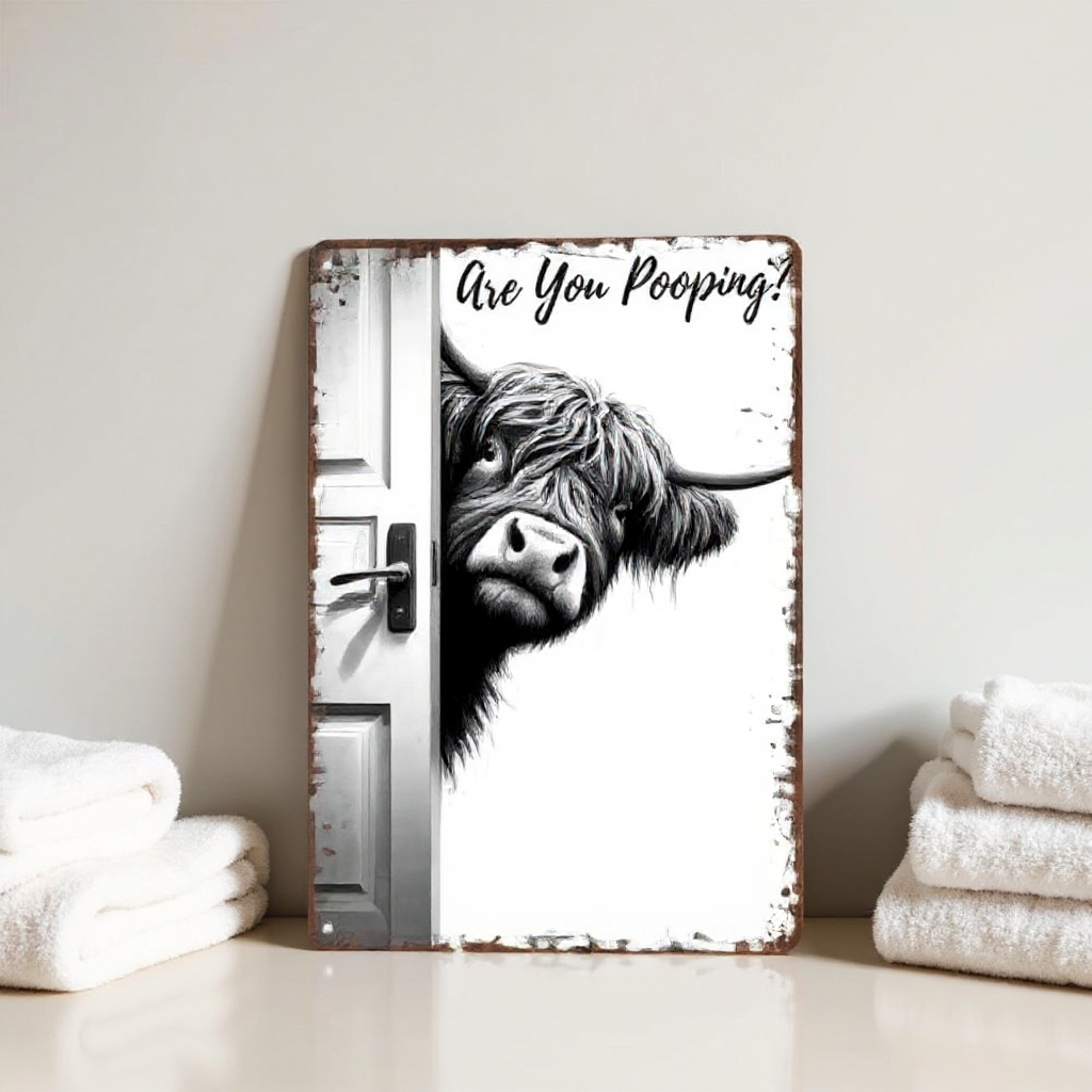 Vintage Highland Cow Metal Sign – Funny"Are You Pooping?" Wall Decor - BW011