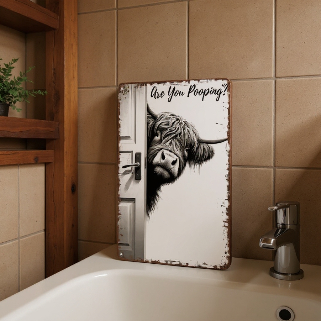 Vintage Highland Cow Metal Sign – Funny"Are You Pooping?" Wall Decor - BW011