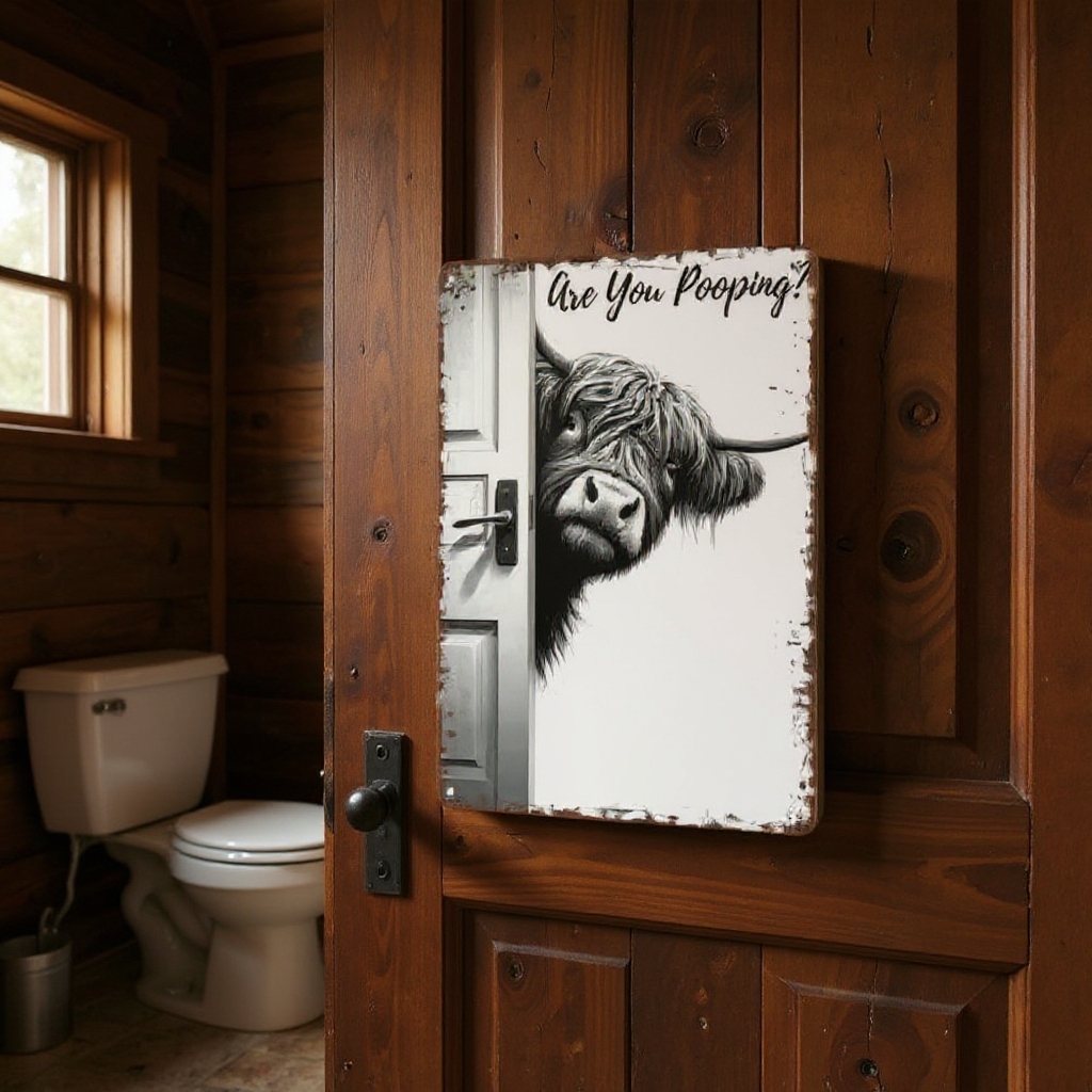 Vintage Highland Cow Metal Sign – Funny"Are You Pooping?" Wall Decor - BW011