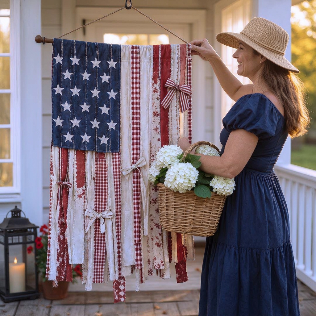 Rustic Americana LED Fabric Flag Wall Hanging – Handmade Patriotic Farmhouse Decor