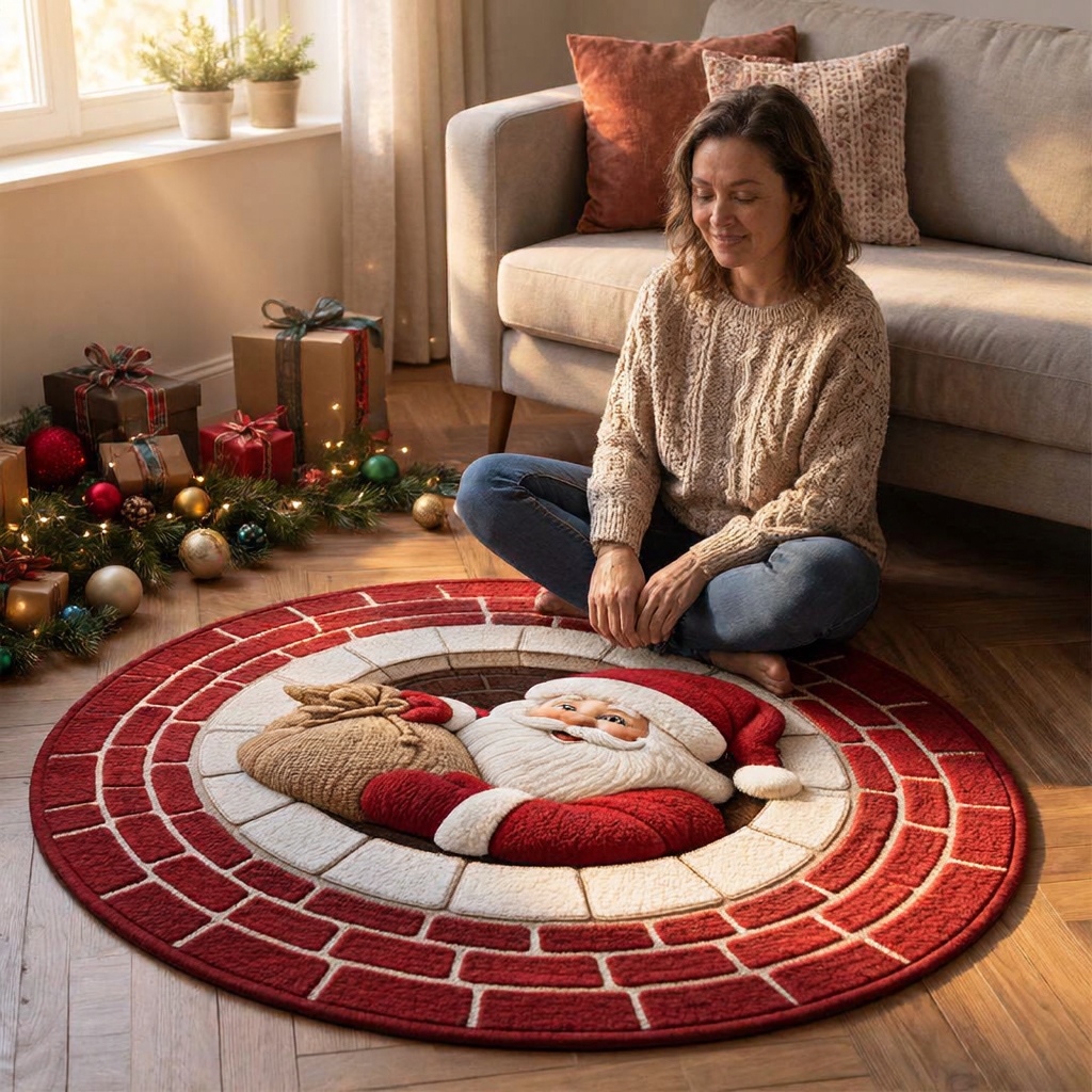 Santa's Gift Delivery 3D Illusion Round Rug - H735