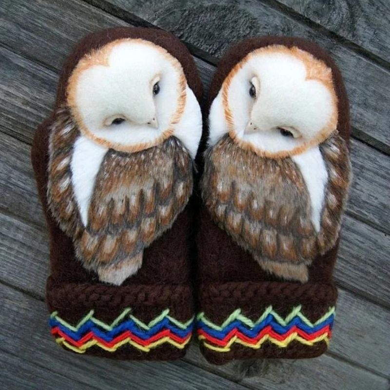 Hand Knitted Wool Nordic Mittens with Owls