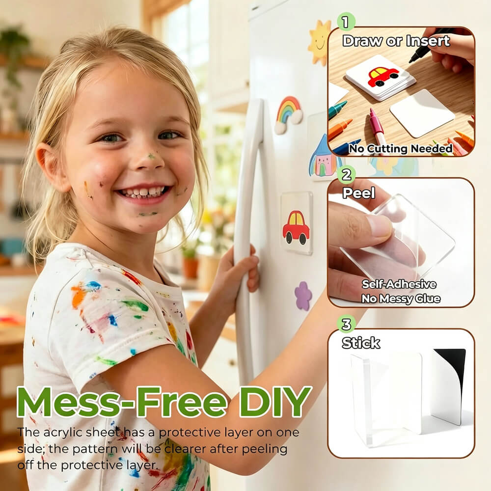 A young girl with paint on her face and shirt stands in a kitchen next to a white refrigerator, holding the handle. The image includes three inset diagrams showing how to use a clear acrylic sheet magnet: draw or insert, peel, and stick.