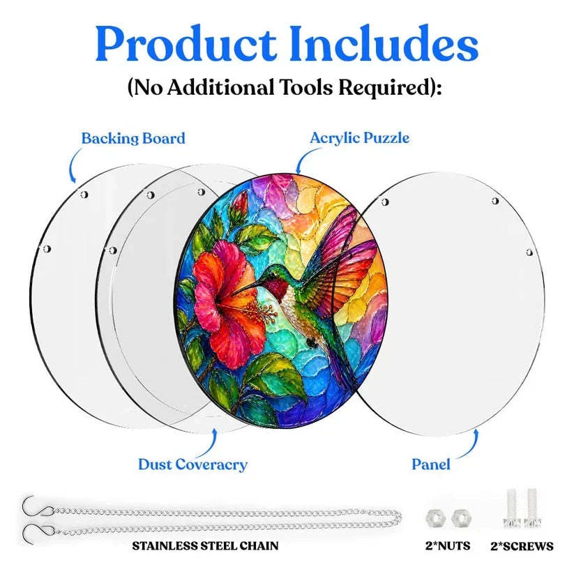 A diagram showing the included parts of the acrylic puzzle suncatcher such as backing board dust cover panel stainless steel chain nuts and screws
