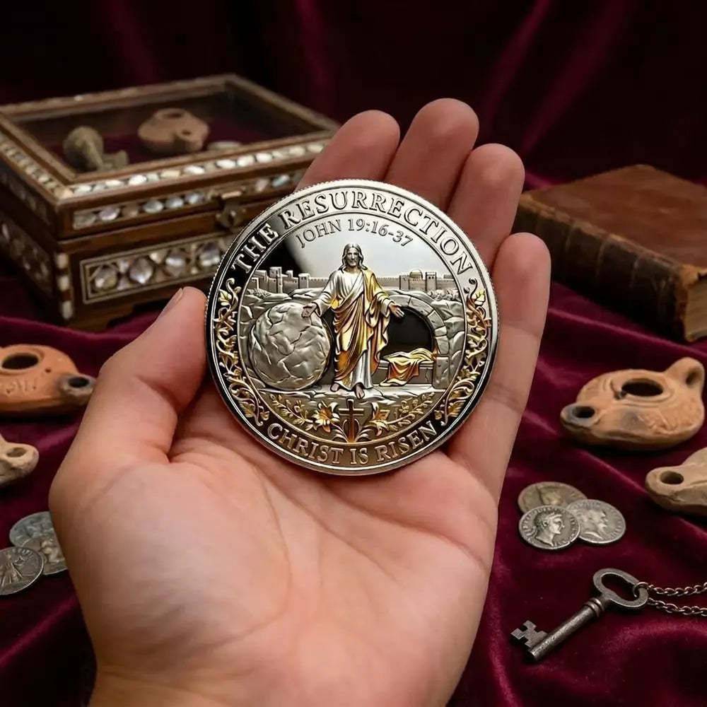 Alloy resurrection memorial coin with a traditional decorative finish