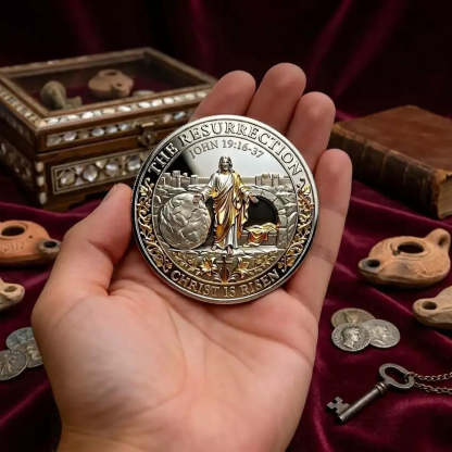 Alloy resurrection memorial coin with a traditional decorative finish