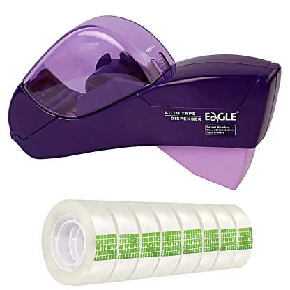 A purple Eagle brand auto tape dispenser with a translucent dome lid, shown above a roll of clear tape with green printed labels on a white background.