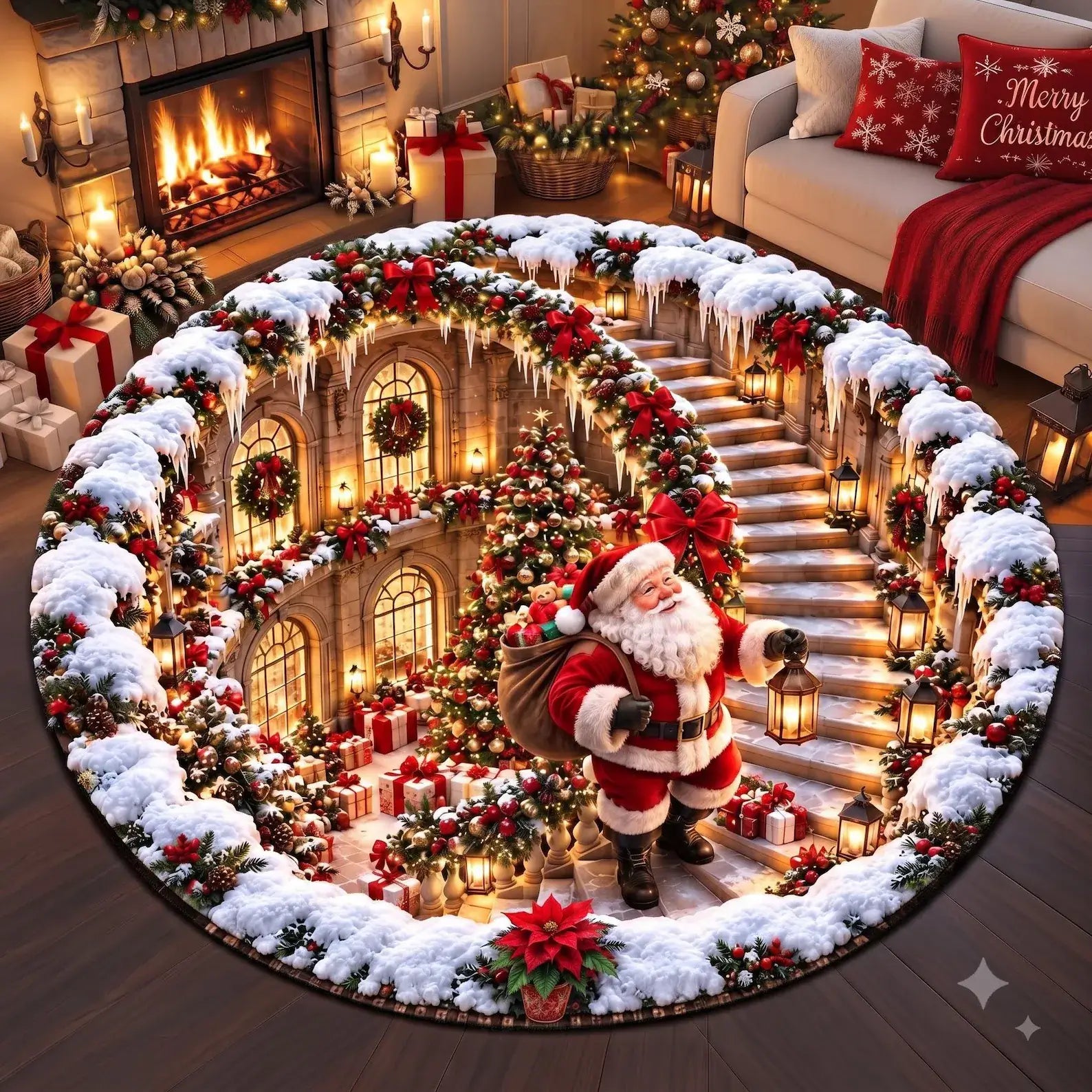 A round Christmas-themed area rug displayed on a dark wood floor in a cozy living room. The rug features a detailed scene of Santa Claus walking down snowy stairs inside a grand cathedral, surrounded by garlands, snow, and gift boxes.