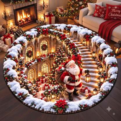 A round Christmas-themed area rug displayed on a dark wood floor in a cozy living room. The rug features a detailed scene of Santa Claus walking down snowy stairs inside a grand cathedral, surrounded by garlands, snow, and gift boxes.