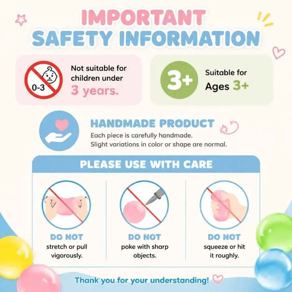 An informational safety card for a handmade product, featuring age suitability notes, a 'Handmade Product' section, and three 'Please Use with Care' icons with text warnings against stretching, poking with sharp objects, and squeezing or hitting roughly.