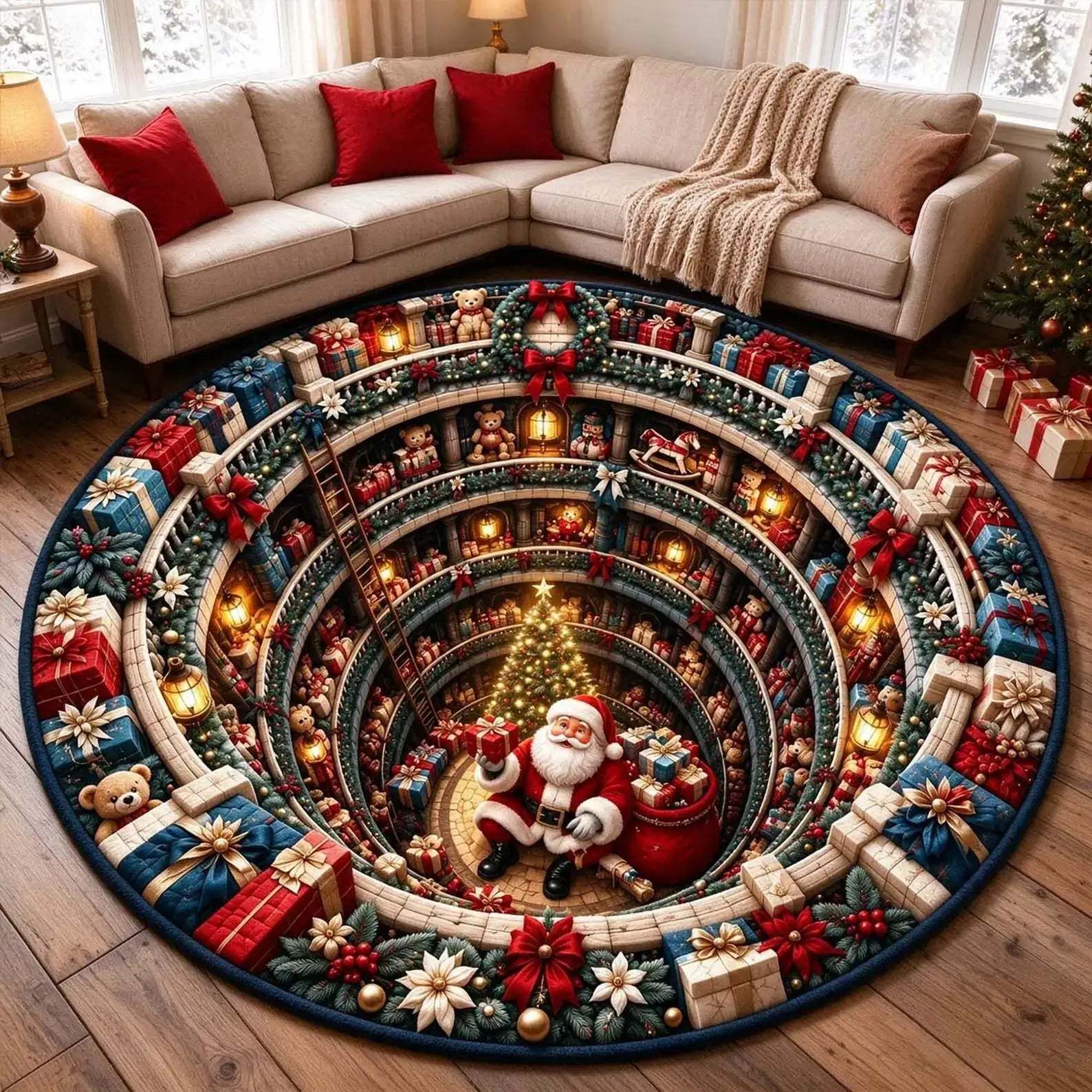 A round Christmas-themed area rug displayed on a wooden floor in a living room setting. The rug features a detailed 3D-style illustration of Santa Claus in the center, surrounded by gift boxes, ornaments, and a Christmas tree, with a winding staircase effect creating a depth illusion.