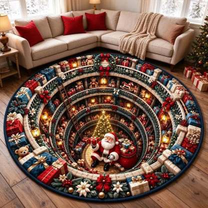 A round Christmas-themed area rug displayed on a wooden floor in a living room setting. The rug features a detailed 3D-style illustration of Santa Claus in the center, surrounded by gift boxes, ornaments, and a Christmas tree, with a winding staircase effect creating a depth illusion.
