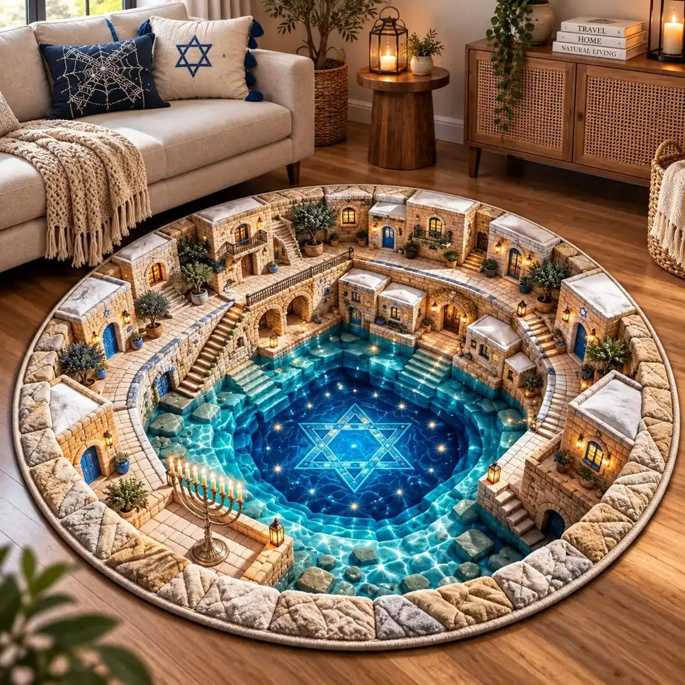 A large round area rug with a detailed 3D architectural design of a stone courtyard surrounding a glowing blue pool with a Star of David, shown in a living room setting.