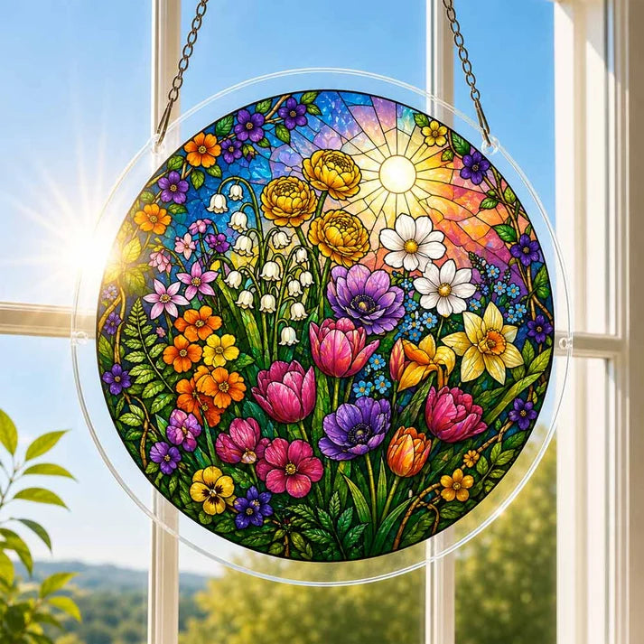 A round acrylic suncatcher filled with tulips sunflowers daisies and green leaves hanging from a chain in front of a bright white window