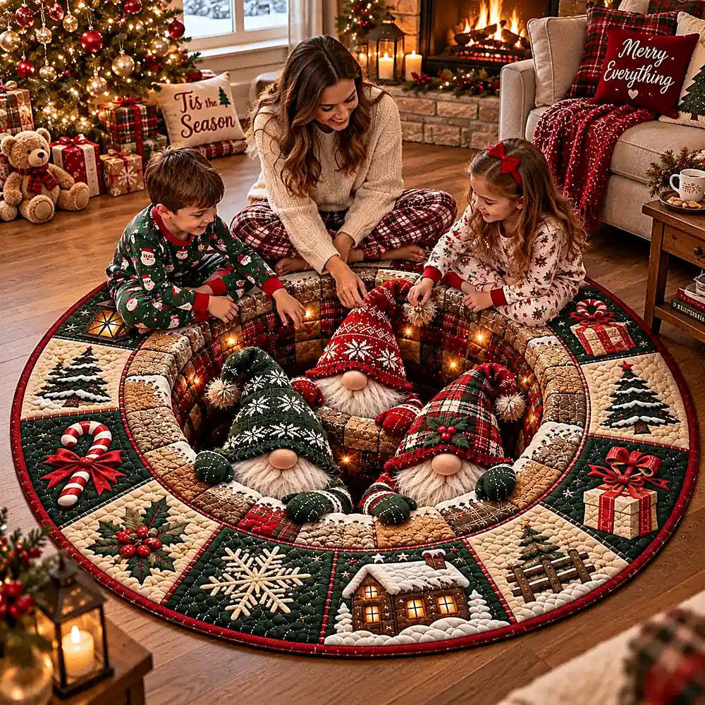 A round Christmas-themed quilted rug with gnomes and holiday motifs, shown in a cozy living room with a woman and two children sitting on it. The rug features green, red, beige, and brown tones with warm string lights.