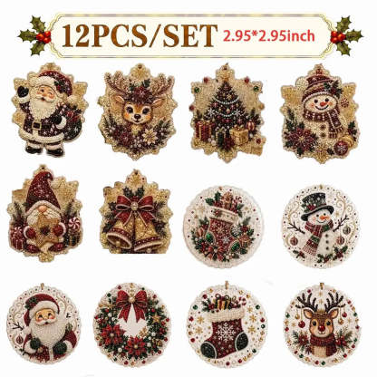 A set of 12 Christmas-themed needlepoint canvas designs, featuring various festive illustrations like Santa Claus, snowmen, deer, bells, wreaths, stockings, and Christmas trees.