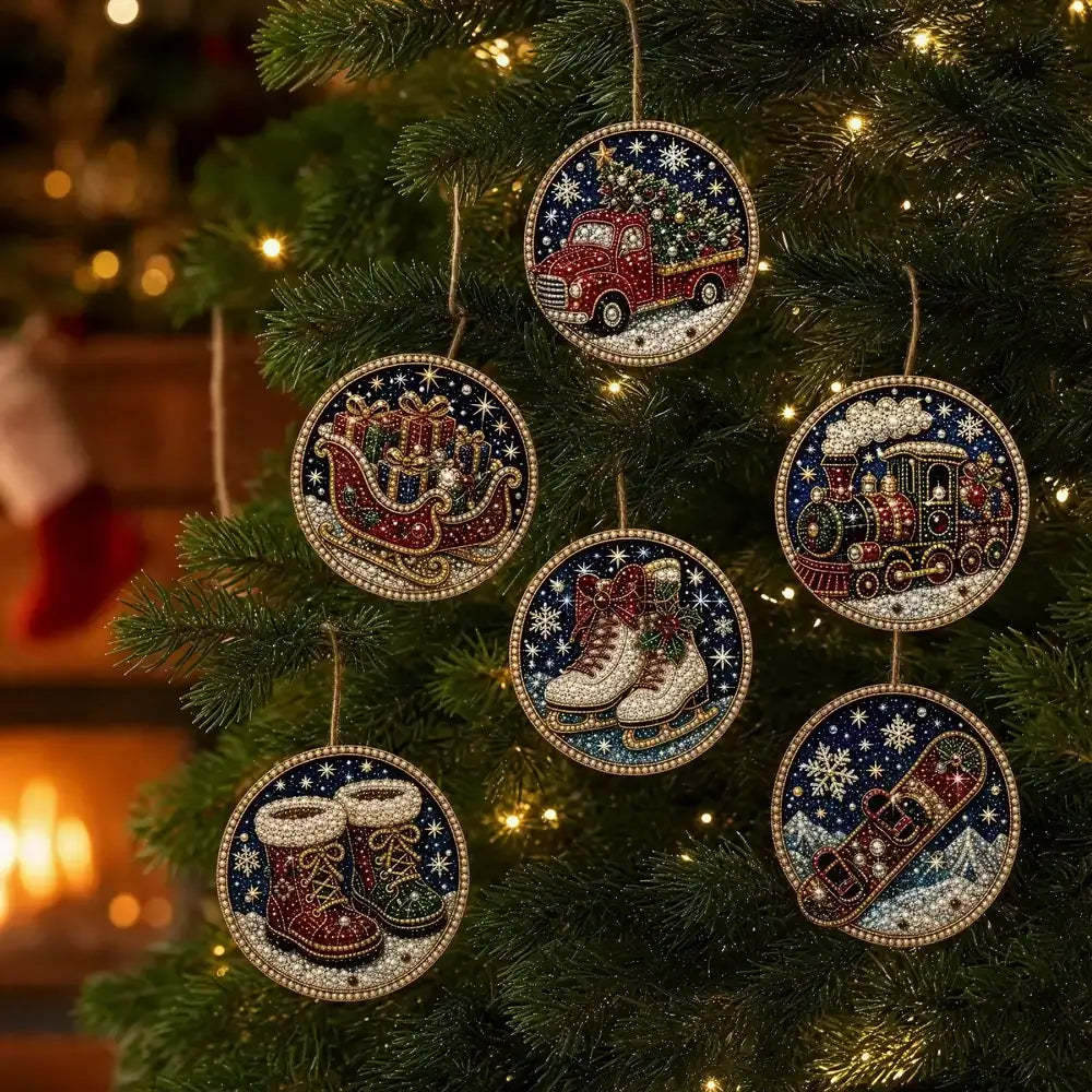 Five round Christmas bead ornaments hanging on a decorated evergreen tree. The ornaments feature holiday scenes including a red pickup truck carrying a Christmas tree, Santa Claus in a sleigh with gifts, a red Christmas train, a pair of white ice skates, and a snowboarder in a snowy landscape.
