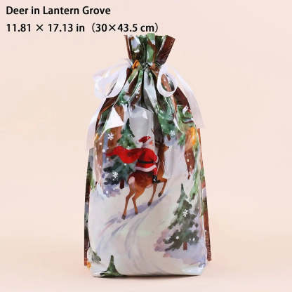 A festive drawstring gift bag with a printed winter scene featuring Santa Claus on a deer, evergreen trees, and snowy ground. The bag is shown against a solid pale peach background with text at the top reading 'Deer in Lantern Grove