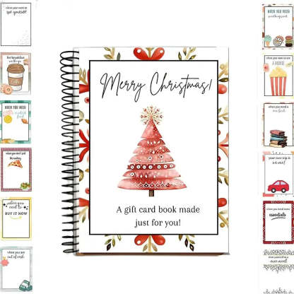 A spiral-bound gift card book with a festive Christmas cover design, shown centered on a white background with smaller sample card designs displayed along the left and right sides.
